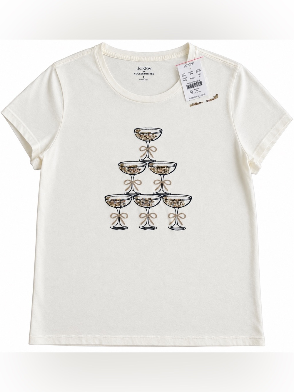 J.Crew Champagne Tower Sequin Collector Tee Ivory Size L NWT